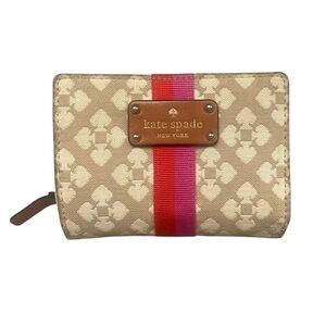 Kate Spade Tan Wallet with Cream Spades and Red and Pink Stripe Accent